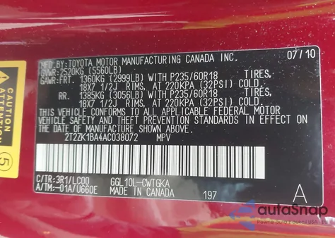 2010 Lexus Rx 350 z USA, uszkodzony, nr VIN 2T2ZK1BA4AC038072